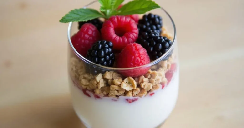 Glass parfait with Greek yogurt, gluten-free granola, and fresh berries, drizzled with honey and topped with mint