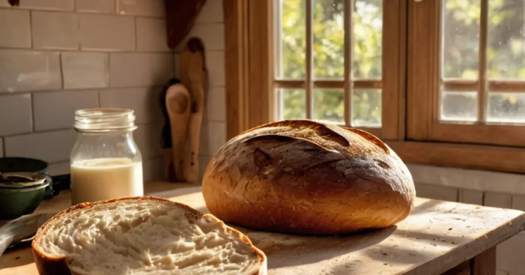 A rustic loaf of golden sourdough bread on a wooden cutting board with a flour swirl pattern, surrounded by natural kitchen light.