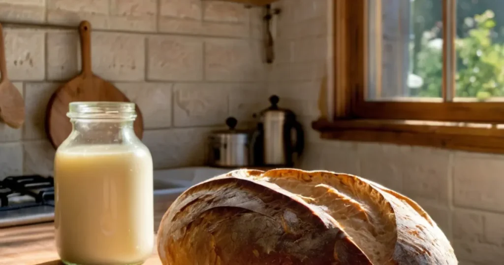 A rustic sourdough bread loaf on a wooden cutting board, surrounded by natural light, with a jar of sourdough starter and wooden utensils in the background.