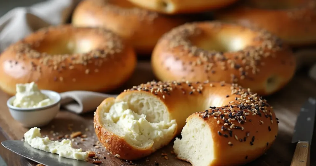 A stack of golden-brown gluten-free bagels on a wooden table with cream cheese and a knife.