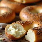 A stack of golden-brown gluten-free bagels on a wooden table with cream cheese and a knife.