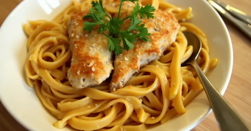 A creamy garlic parmesan chicken pasta dish topped with fresh parsley and parmesan cheese, served on a rustic plate