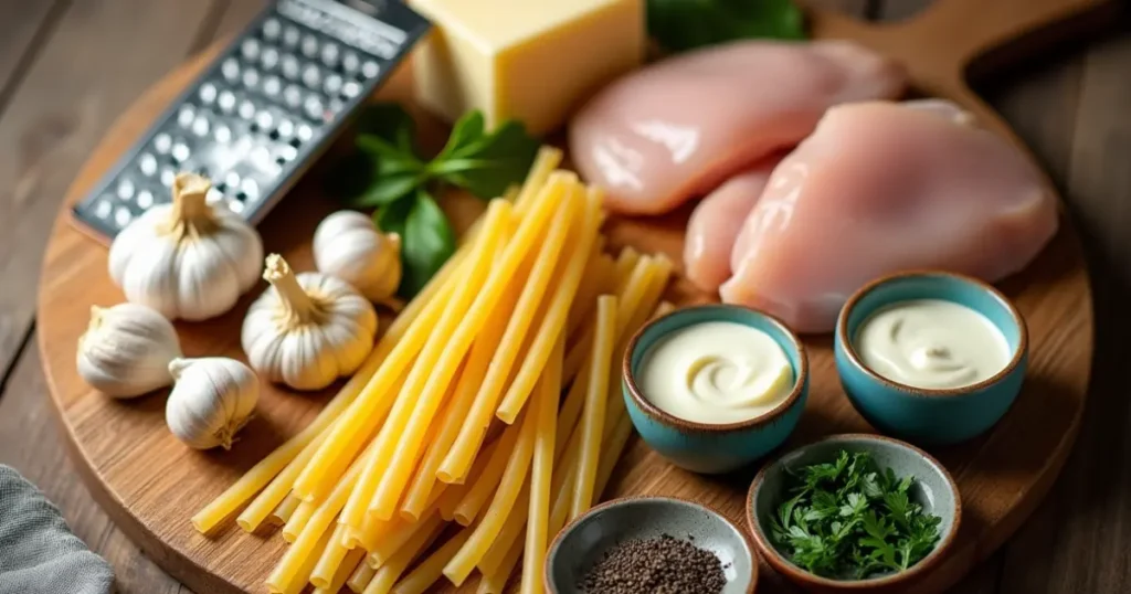 Fresh ingredients for garlic parmesan chicken pasta, including chicken breast, uncooked pasta, garlic, parmesan cheese, and herbs arranged on a wooden surface.