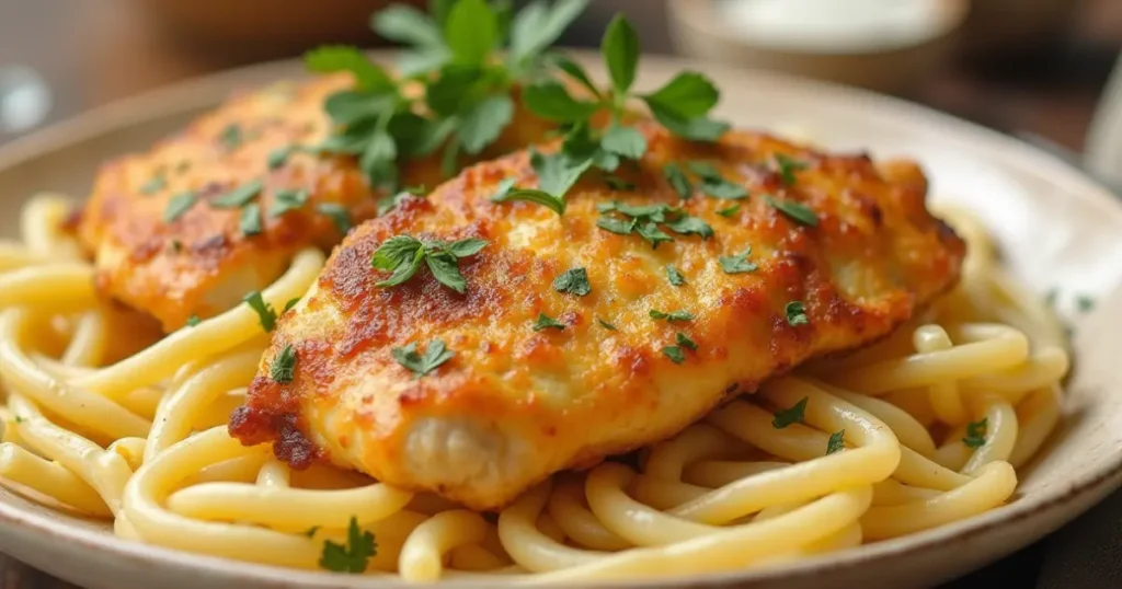 Garlic Parmesan Chicken Pasta served with a glass of white wine and sparkling water, garnished with lemon, on a beautifully set dining table.