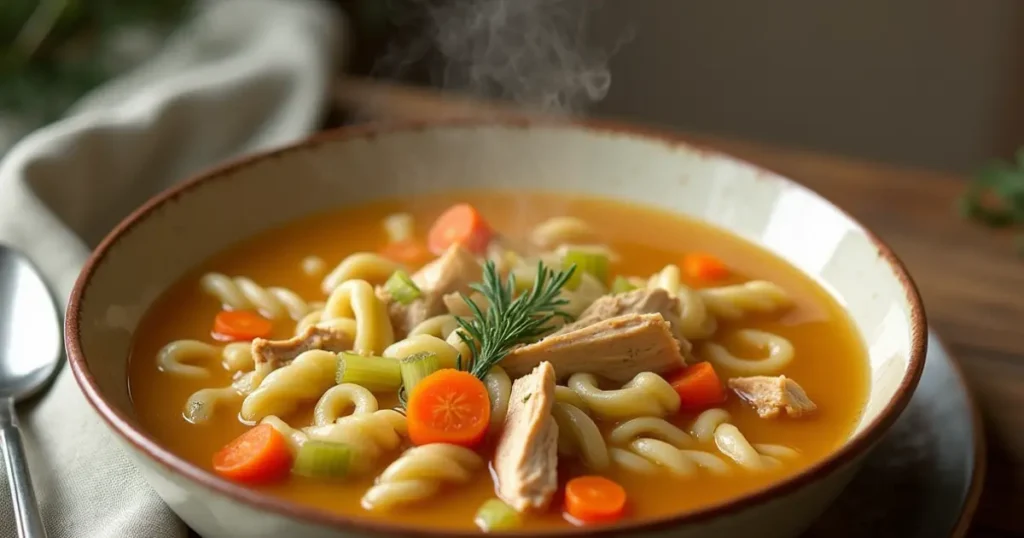 A bowl of gluten-free chicken noodle soup with chicken, gluten-free noodles, carrots, and celery, served on a rustic table.