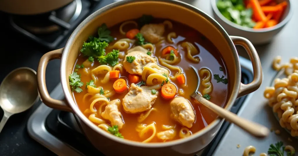 A pot of gluten-free chicken noodle soup on the stove, with chicken, noodles, carrots, and celery, being stirred with a ladle.