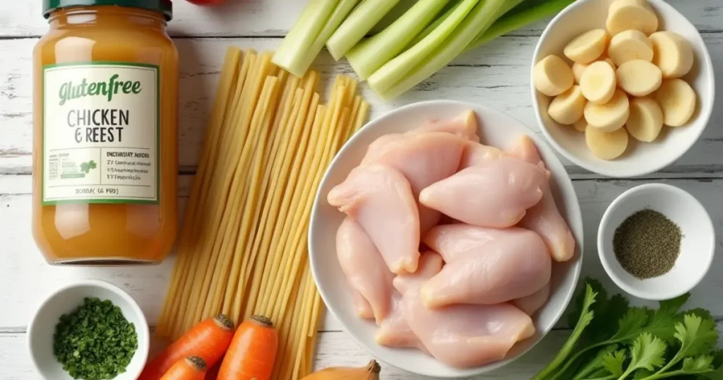 A flat lay of ingredients for gluten-free chicken noodle soup, including carrots, celery, onions, chicken, gluten-free noodles, and chicken broth on a rustic wooden surface.