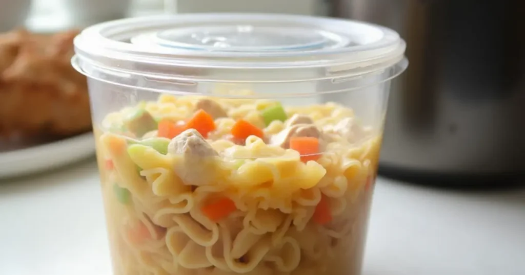 Gluten-free chicken noodle soup stored in an airtight container on a kitchen counter, with a pot and microwave nearby for reheating.