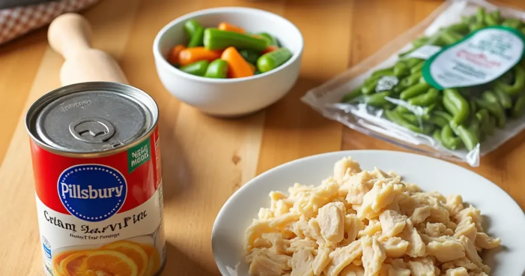 A collection of ingredients for Pillsbury chicken pot pie, including shredded cooked chicken, cream of chicken soup, frozen vegetables, a Pillsbury pie crust, and milk, arranged on a kitchen countertop.