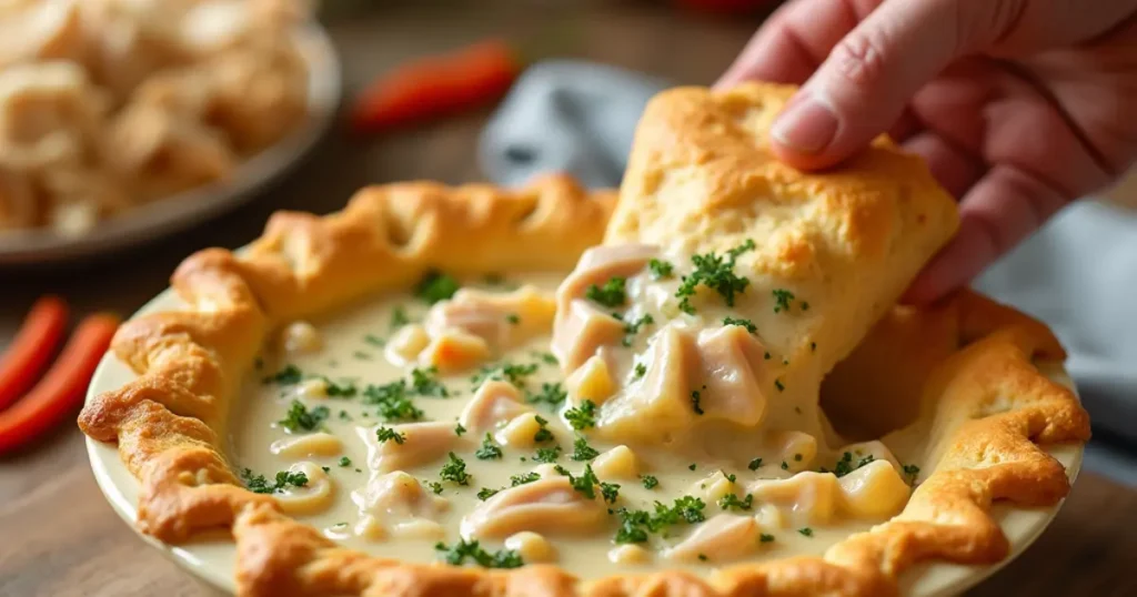 A Pillsbury chicken pot pie being prepared with a creamy chicken and vegetable filling and a golden crust in a cozy kitchen setting.