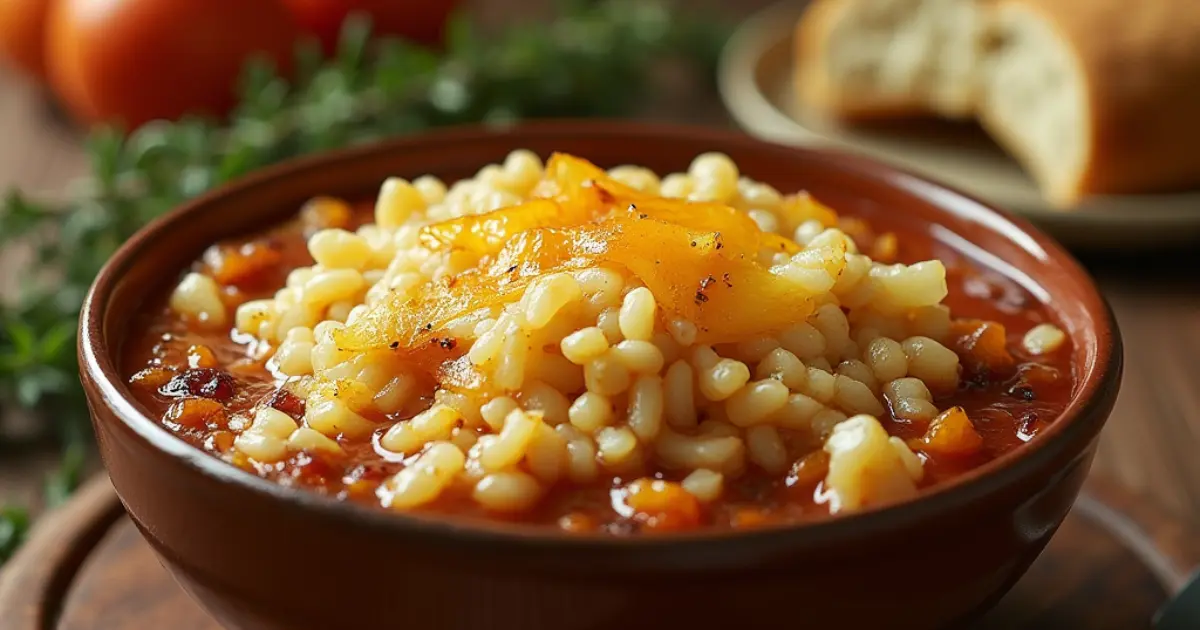 A bowl of French onion soup rice topped with caramelized onions and melted cheese, garnished with fresh thyme on a rustic table.