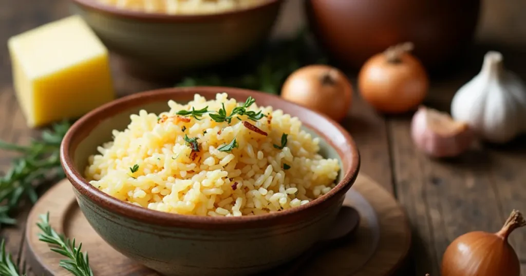  A collection of ingredients for French onion soup rice, including long-grain rice, caramelized onions, Gruyère cheese, and fresh thyme on a rustic table.