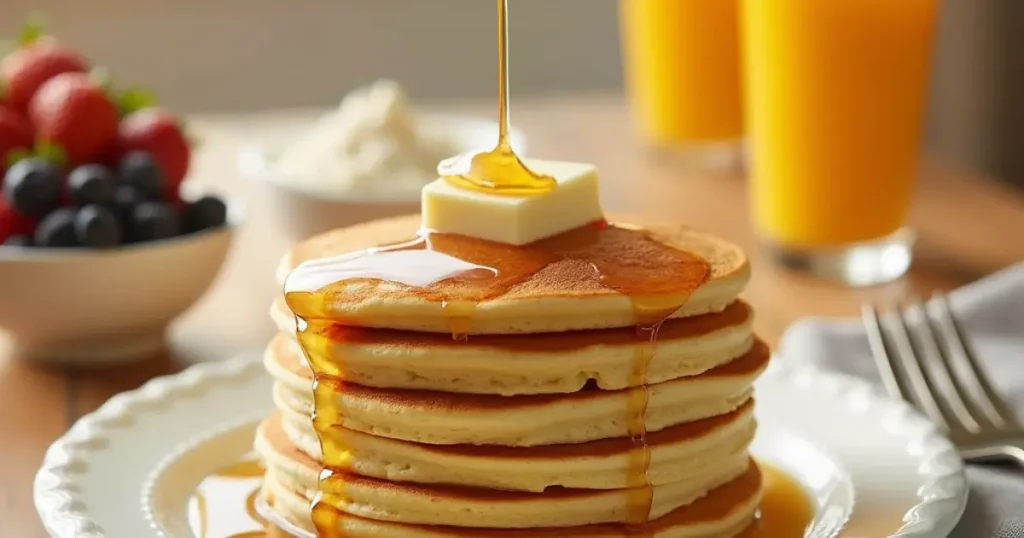 A stack of fluffy golden pancakes made with Krusteaz Pancake Mix, topped with butter and syrup, surrounded by fresh fruits and orange juice.