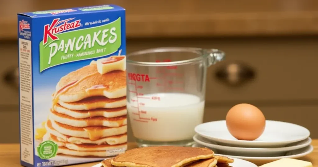 Krusteaz Pancake Mix, milk, egg, and butter arranged on a wooden countertop for fluffy pancakes.