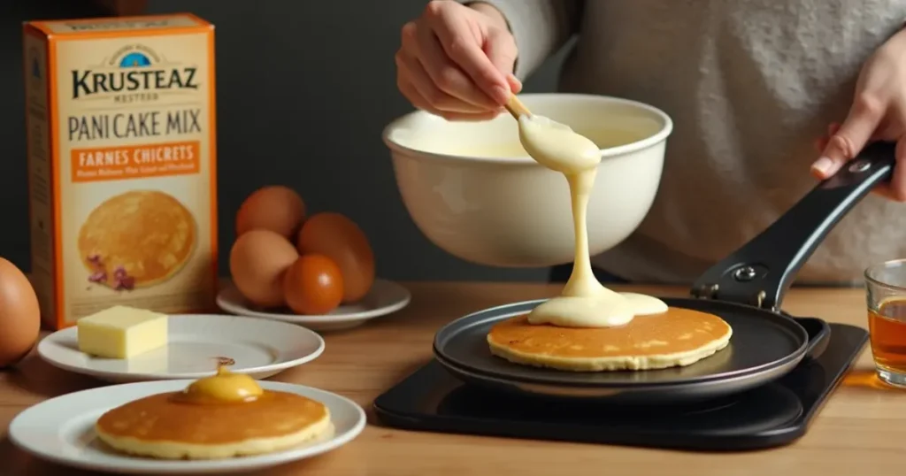  A person mixing Krusteaz Pancake Mix batter in a bowl, preparing pancakes with ingredients like eggs, milk, and butter.