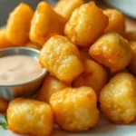 Golden and crispy air fryer tater tots with a dipping sauce on a white plate