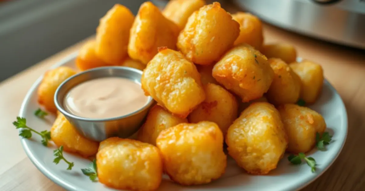 Golden and crispy air fryer tater tots with a dipping sauce on a white plate