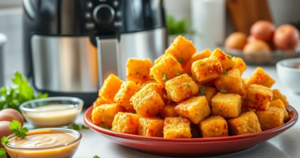 Golden air fryer tater tots on a red plate with dipping sauces and an air fryer in the background.