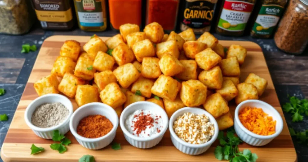 Crispy air fryer tater tots on a wooden board with spices, dipping sauces, and garnishes.