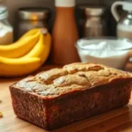 Freshly baked banana bread on a wooden countertop surrounded by ingredients like bananas, eggs, and flour