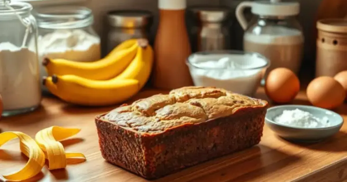 Freshly baked banana bread on a wooden countertop surrounded by ingredients like bananas, eggs, and flour