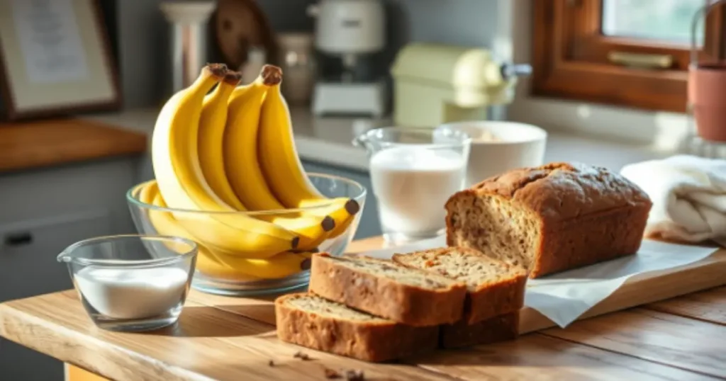 Freshly baked banana bread with sliced pieces on a wooden table, surrounded by ripe bananas, milk, and sugar in a cozy kitchen setting