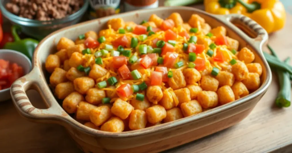 A casserole dish filled with golden tater tots, melted cheese, diced tomatoes, and chopped green onions, representing a delicious Taco Tater Tot Casserole with cheese soup