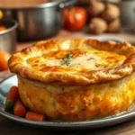 Golden-brown gluten-free chicken pot pie with a creamy filling, served on a rustic wooden table.