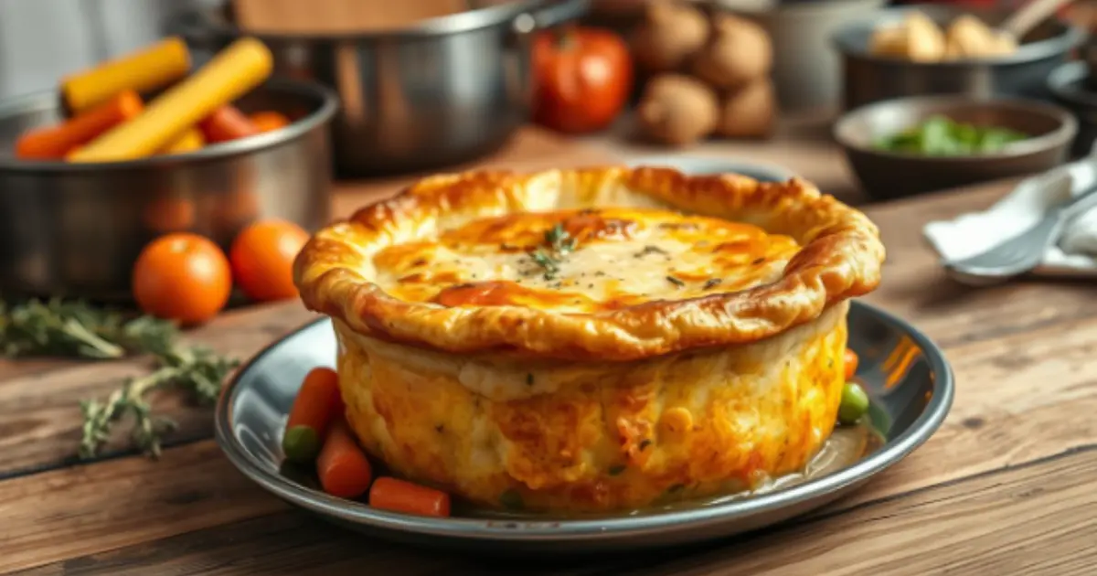 Golden-brown gluten-free chicken pot pie with a creamy filling, served on a rustic wooden table.