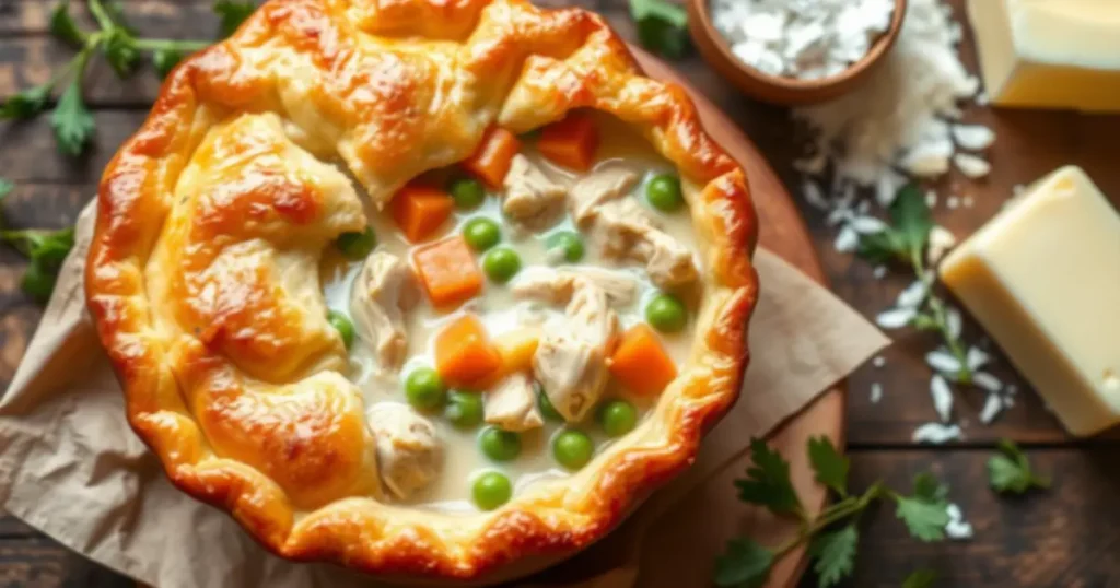 A delicious gluten-free chicken pot pie with a golden-brown crust, filled with tender chicken, carrots, peas, and a creamy sauce.