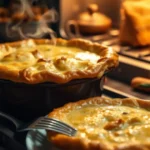 Two steaming homemade chicken pot pies with golden crust, fresh out of the oven, surrounded by vegetables and kitchen utensils.