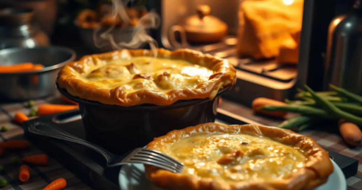 Two steaming homemade chicken pot pies with golden crust, fresh out of the oven, surrounded by vegetables and kitchen utensils.