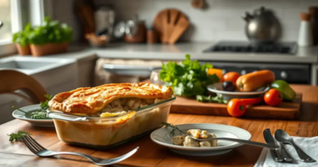 A freshly baked Costco's Chicken Pot Pie  in a glass dish on a wooden table, with a plate of food and fresh vegetables in the background.