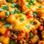 A freshly baked Taco Tater Tot Casserole in a baking dish, topped with melted cheese and garnished with fresh herbs.