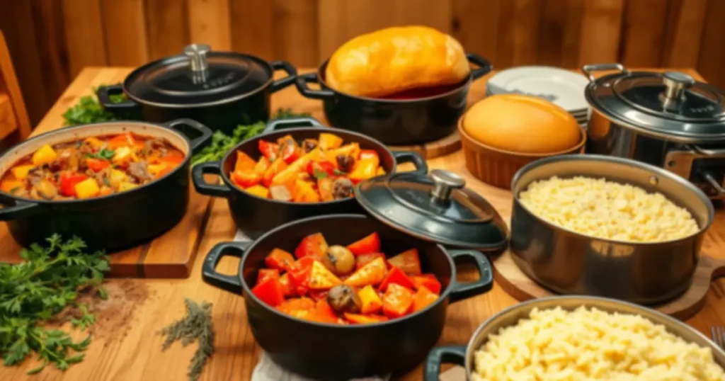 A rustic wooden table filled with Dutch ovens containing hearty meals like stews, roasted vegetables, and pasta, accompanied by fresh bread.