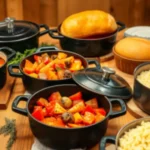 A rustic wooden table filled with Dutch ovens containing hearty meals like stews, roasted vegetables, and pasta, accompanied by fresh bread.