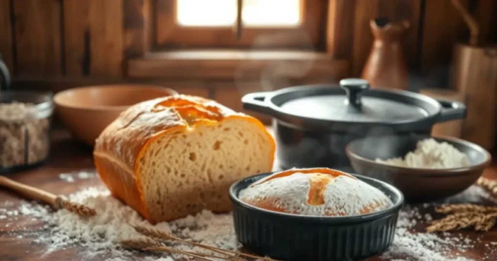 A freshly baked loaf of bread with a golden crust, resting beside a Dutch oven on a rustic wooden table, surrounded by flour and baking ingredients.