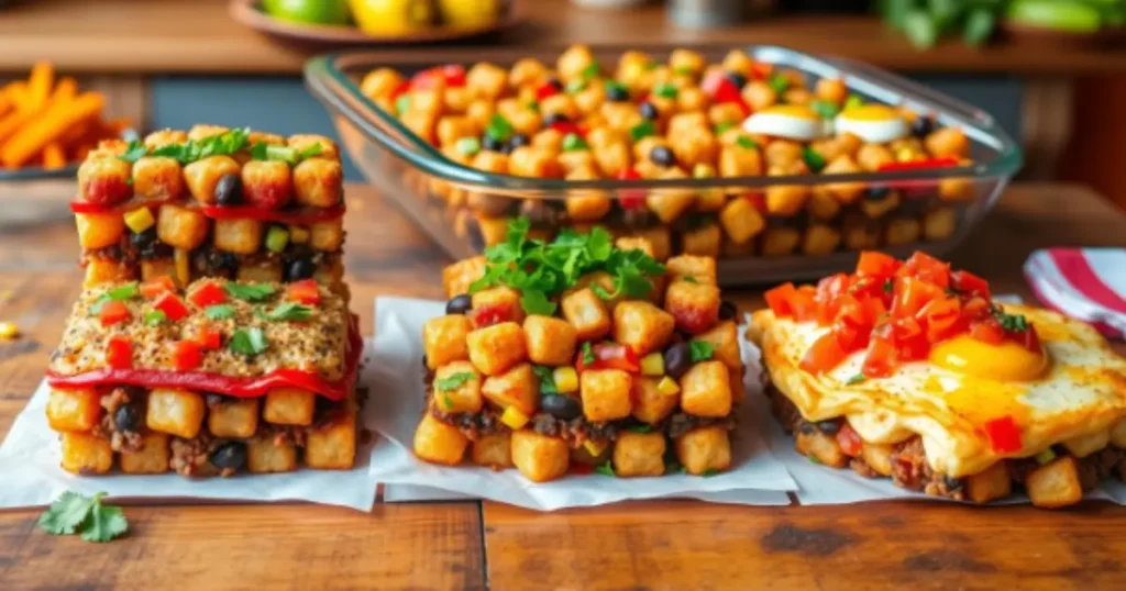 Three creative variations of Taco Tater Tot Casserole served in stacked layers, featuring colorful toppings like diced tomatoes, black beans, melted cheese, fresh cilantro, and sunny-side-up eggs