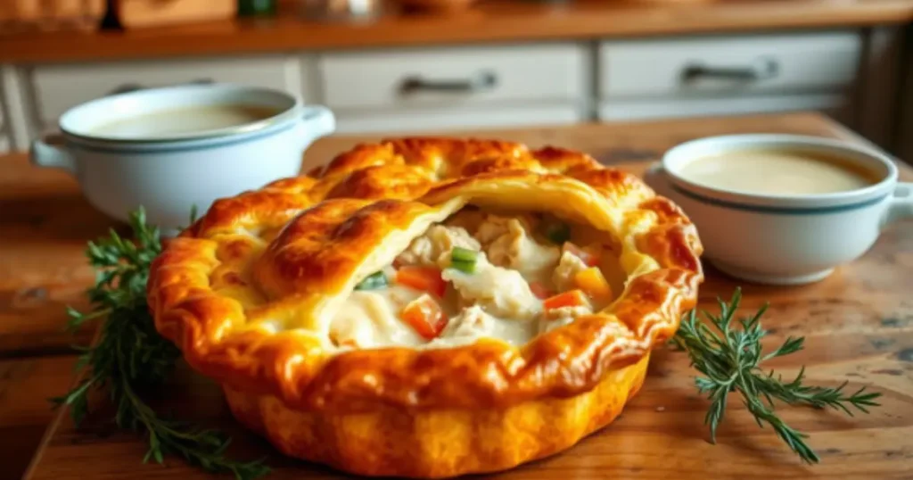 Golden chicken pot pie with a creamy filling of chicken, vegetables, and cream of chicken soup on a rustic wooden table