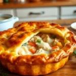 Golden chicken pot pie with a creamy filling of chicken, vegetables, and cream of chicken soup on a rustic wooden table