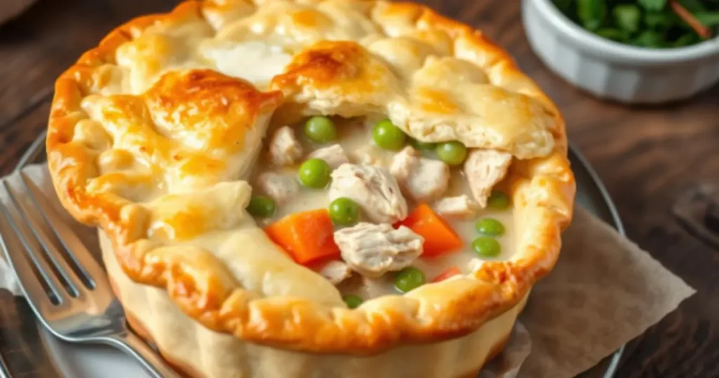 Close-up of a golden chicken pot pie with flaky crust, tender chicken, carrots, peas, and creamy filling