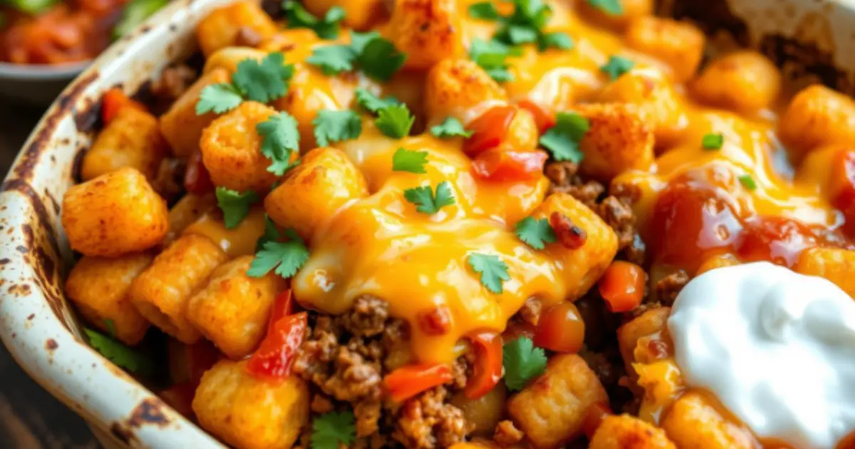 A freshly baked Taco Tater Tot Casserole in a baking dish, topped with melted cheese and garnished with fresh herbs.